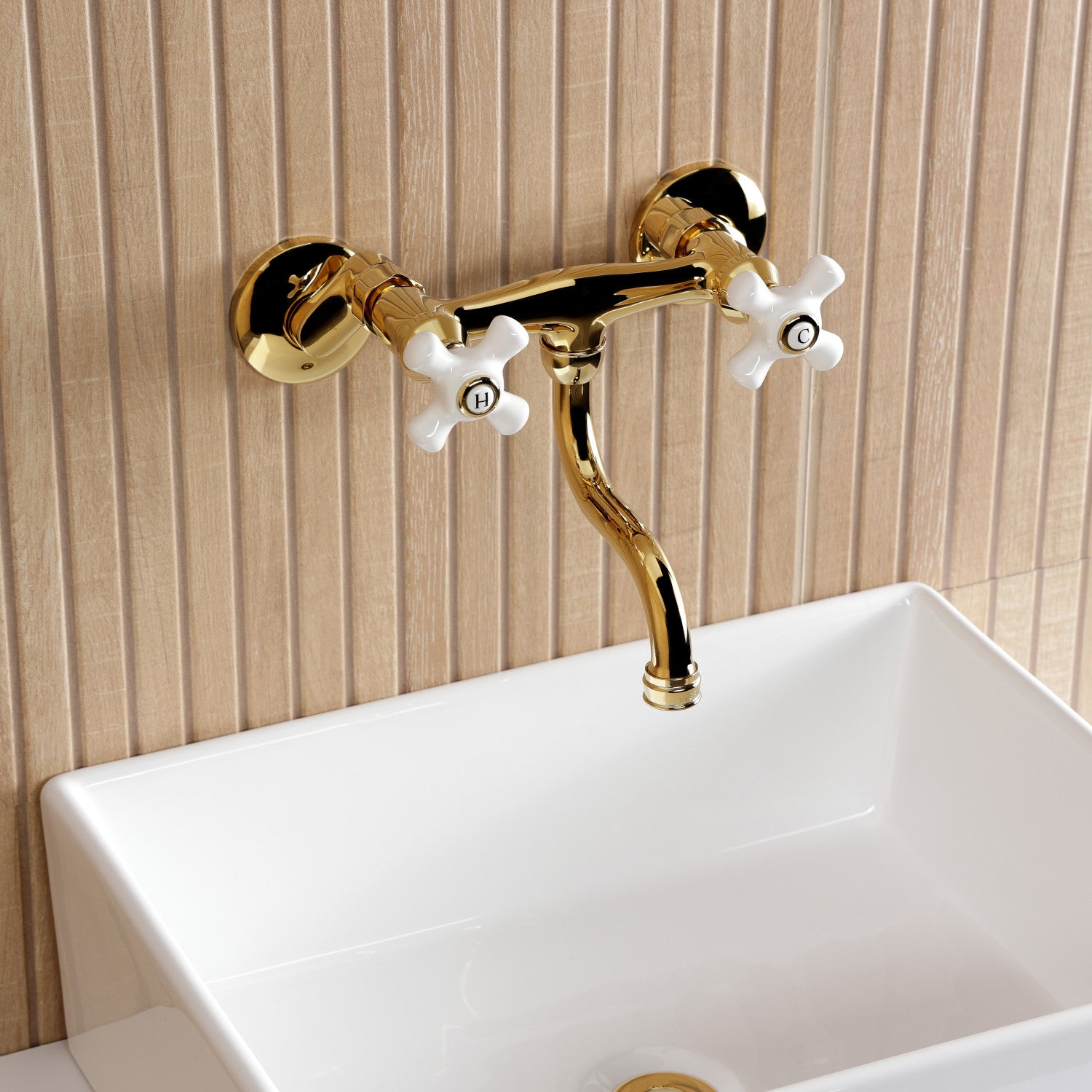 Kingston Heirloom KS2112PX - Kingston Double-Handle 2-Hole Wall Mount Bathroom Faucet, Polished Brass — thumbnail 2